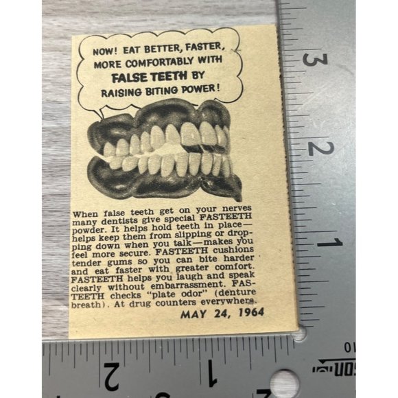 Fasteeth False Teeth Powder Print Ad Vintage 1964 Dentistry Biting Power - Picture 2 of 3